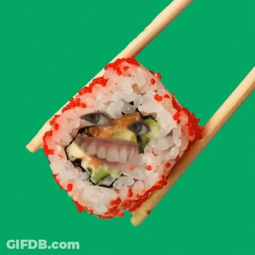 Sushi Roll Face Held By Chopsticks GIF