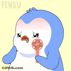 Sweating Penguin Holding Fan In Mouth GIF