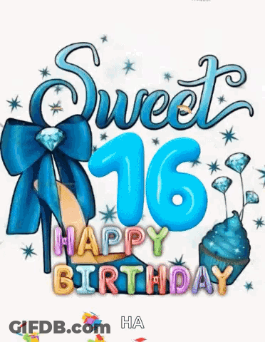 Sweet 16 Birthday Card With Blue Balloons GIF
