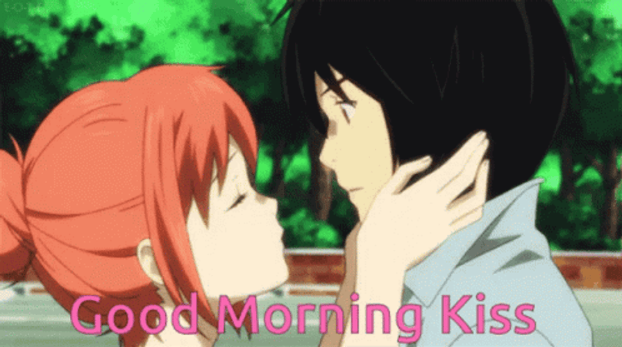 Sweet Couple Good Morning Anime Kiss GIF