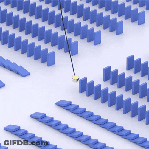 Swinging Pendulum Knocking Down Dominoes GIF
