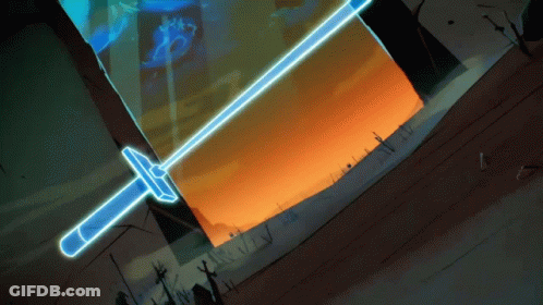 Sword With Blue Handle Glowing In Dark Room GIF