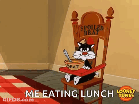 Sylvester Cat Sitting In High Chair With Bowl And Spoon GIF