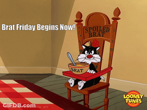 Sylvester Sitting On High Chair With Bowl Of Brat GIF
