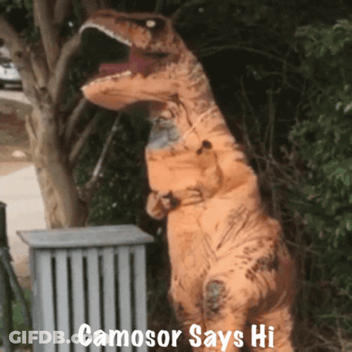 T-Rex Costume Saying Camosor Says Hi GIF
