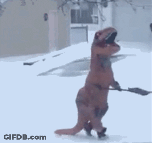 T-Rex Shoveling Snow GIF