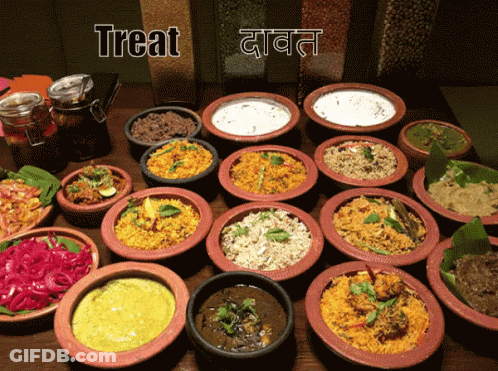 Table Full Of Bowls Of Food Saying Treat GIF