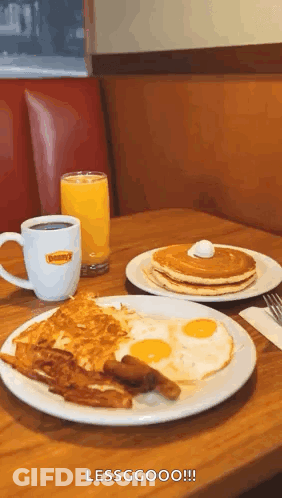 Table With Food Plates Including Pancakes Eggs Bacon Coffee GIF