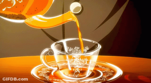 Table With Plates Of Food, Cup Of Tea, And Spoon GIF