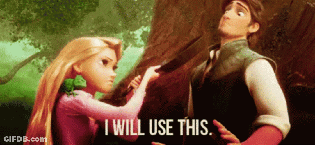 Tangled Rapunzel Threatens Flynn Rider GIF