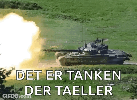 Tank Firing Rocket With Danish Text GIF