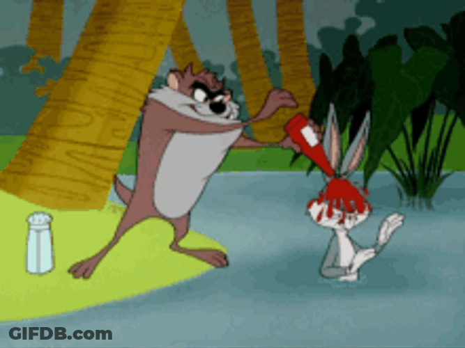 Tasmanian Devil Putting Ketchup On Bunny GIF