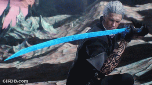 Tattooed Man Holding Large Blue Sword GIF