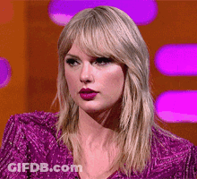 Taylor Swift In Purple Sequined Jacket And Lipstick GIF