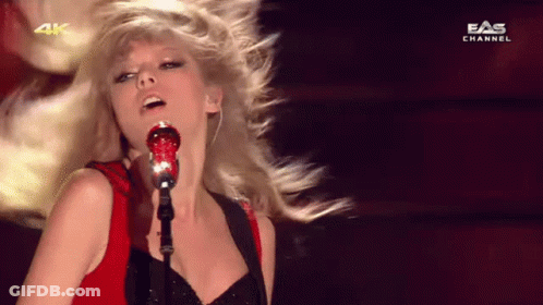Taylor Swift Singing Into Microphone In Blue Dress GIF