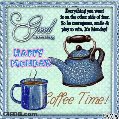Tea Kettle And Cup Of Coffee Happy Monday GIF