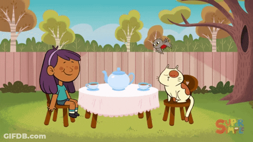 Tea Party Animated Girl And Cat GIF