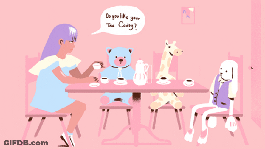 Tea Party Animated Girl With Stuffed Toys GIF