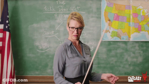 Teacher In Front Of Blackboard Telling Tickle Down Effect GIF