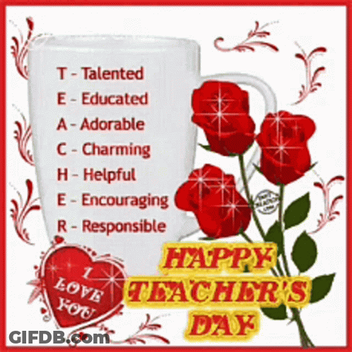 Teacher's Day Card With Roses And Cup GIF