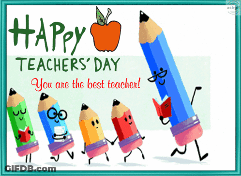 Teacher's Day Greeting Card With Pencils And Apples GIF