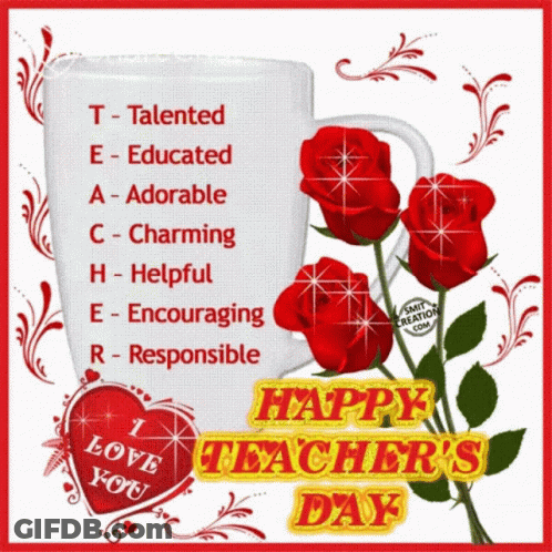 Teacher's Day Greeting Card With Roses And Heart GIF