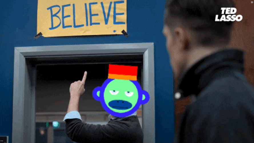 Ted Lasso Green Animated Monkey Head Points Believe Sign GIF