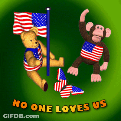 Teddy Bear And Monkey On Green Background No One Loves Us GIF