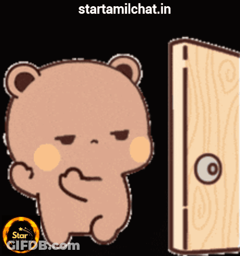 Teddy Bear Beside Wooden Door Saying Starttamilchat.in GIF