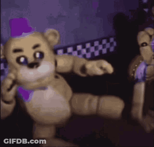 Teddy Bear Dancing In Dark Room With Purple Hat GIF