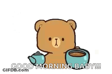Teddy Bear Drinking Coffee From Blue Cup GIF