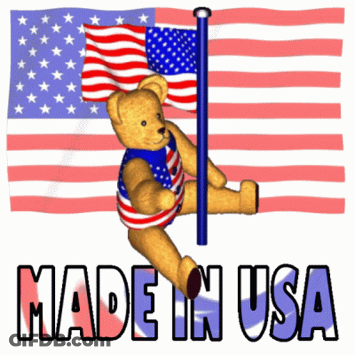 Teddy Bear Hanging From Pole In Front Of American Flag Made In USA GIF