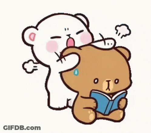 Teddy Bear Holding Another Teddy Bear's Head While Reading Book GIF
