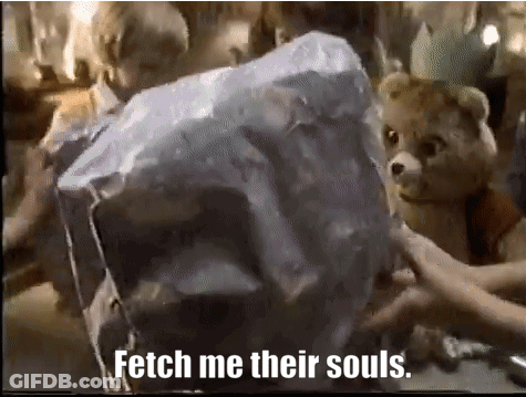 Teddy Bear Holding Box Saying Fetch Me Their Souls GIF