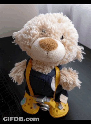Teddy Bear Holding Camera In Yellow Crocs GIF