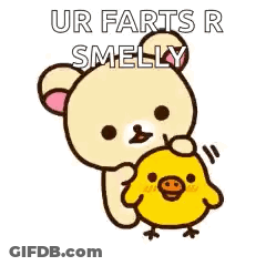 Teddy Bear Holding Chicken Saying Ur Farts R Smelly GIF
