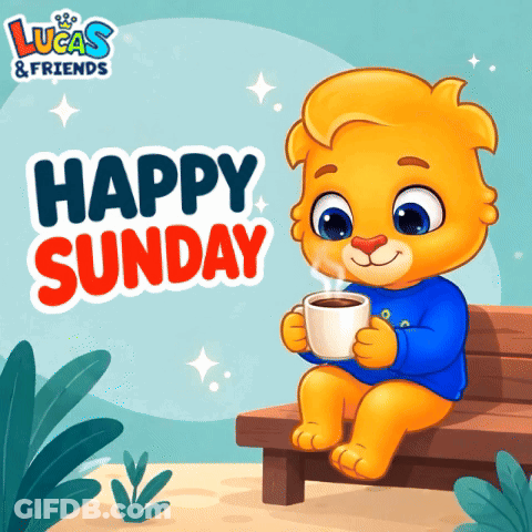 Teddy Bear Holding Coffee On Bench With Lucas & Friends GIF