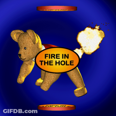 Teddy Bear Holding Fire In The Hole Sign GIF