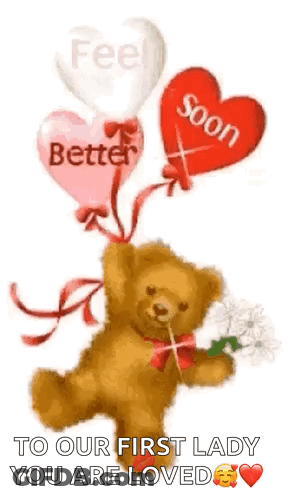 Teddy Bear Holding Flowers And Balloons Saying Better Soon GIF