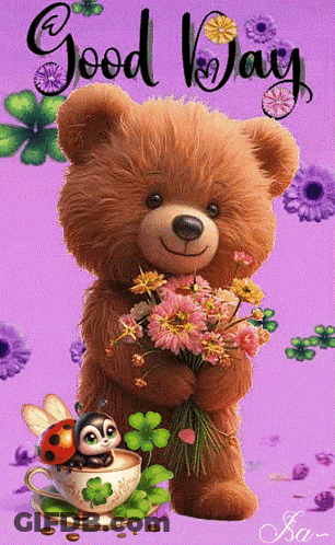 Teddy Bear Holding Flowers And Ladybug In Coffee GIF