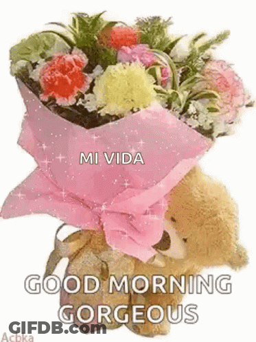 Teddy Bear Holding Flowers Good Morning GIF