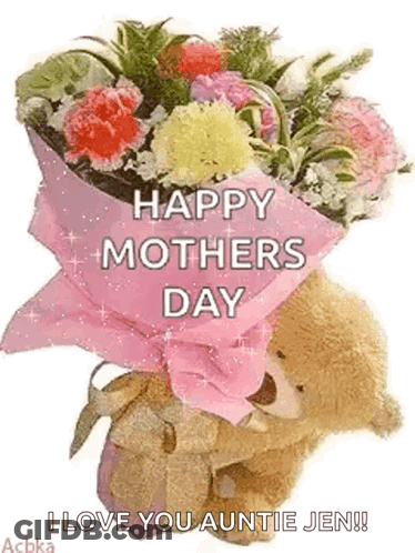 Teddy Bear Holding Flowers Happy Mothers Day GIF