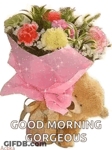 Teddy Bear Holding Flowers Saying Good Morning GIF