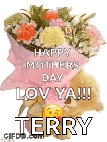 Teddy Bear Holding Flowers Saying Happy Mother's Day GIF