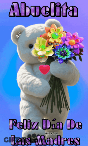 Teddy Bear Holding Flowers Says Abuelita GIF