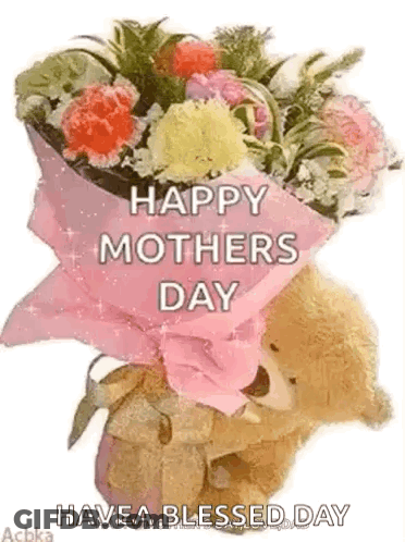 Teddy Bear Holding Flowers Wishing Happy Mother's Day GIF