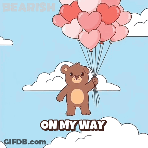 Teddy Bear Holding Heart Shaped Balloons On My Way GIF