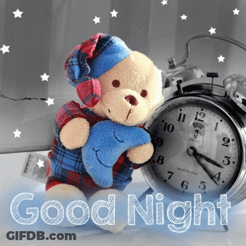 Teddy Bear Holding Moon Beside Alarm Clock Saying Good Night GIF