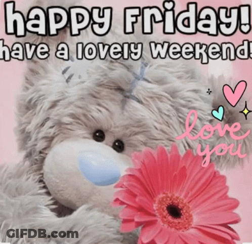 Teddy Bear Holding Pink Flower Happy Friday GIF