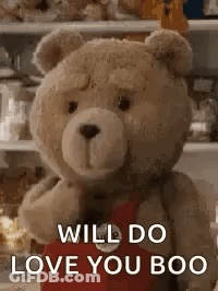Teddy Bear Holding Red Heart Saying I Will Love You Boo GIF